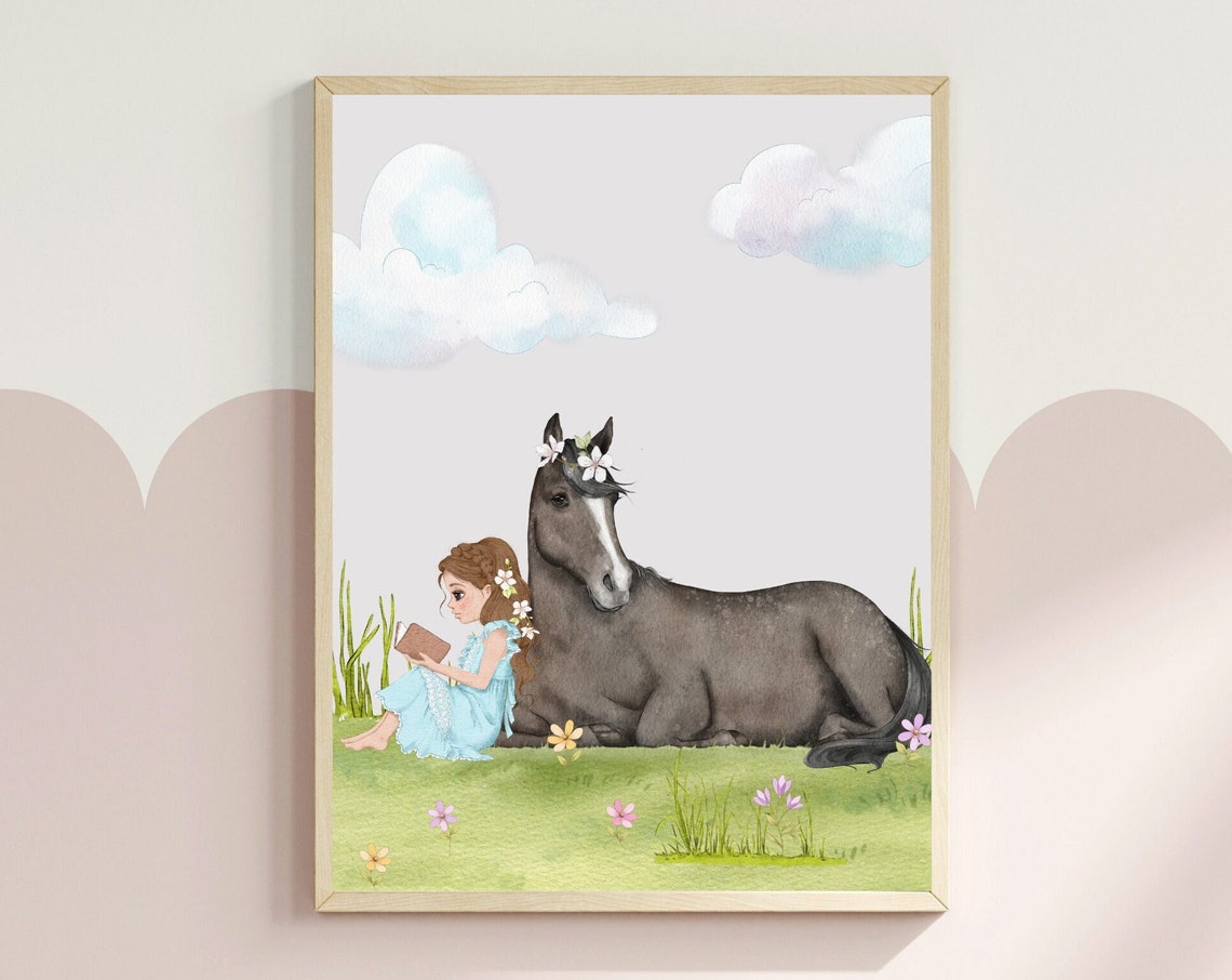 Horse Nursery Print Fairytale Princess Wall Art Cute Girls Room Decor A Girl And Her Horse Art Print Watercolour Nursery Art