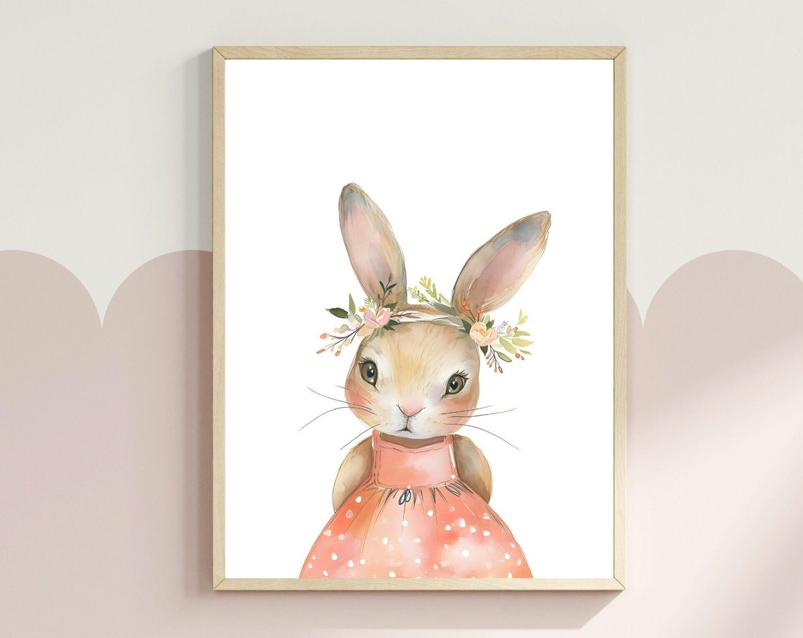 Bashful Bunny In Coral Dress With Flower Crown Watercolor Poster