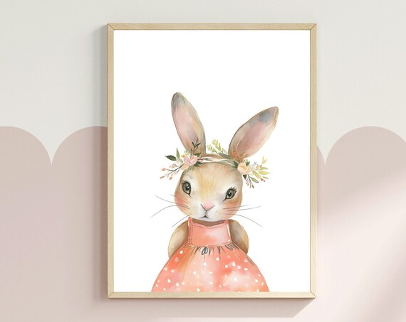 Bashful Bunny In Coral Dress With Flower Crown Watercolor Poster