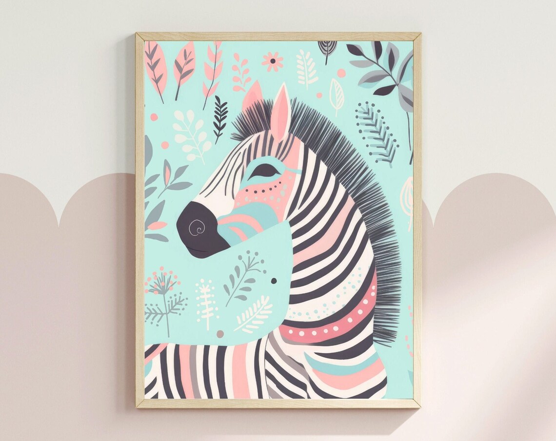 Boho Zebra Portrait Pastel Tropical Nursery Animal Art Poster