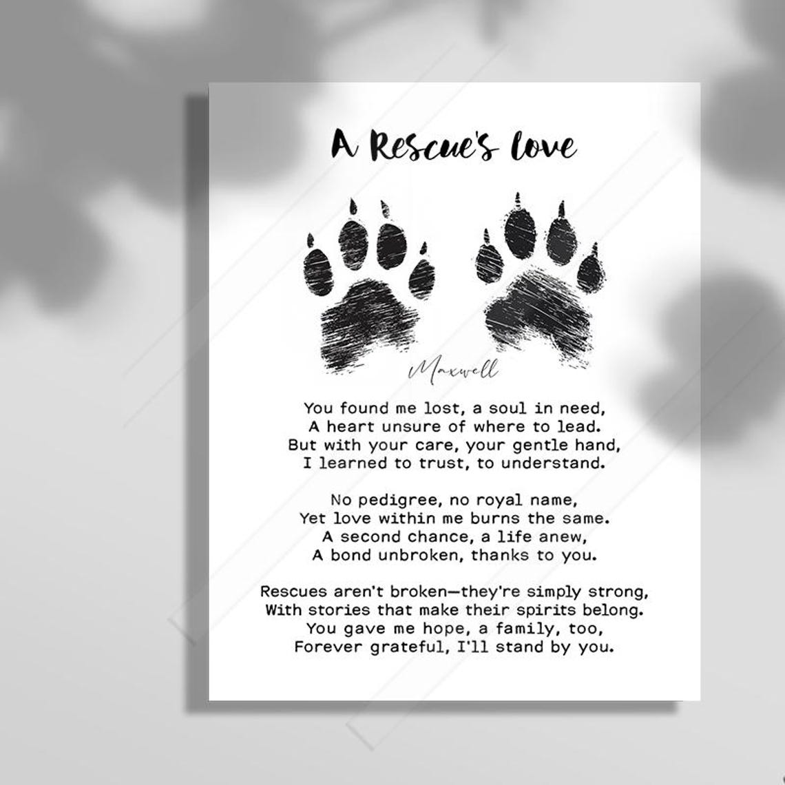 A Rescues Love Rescue Dog Poem Paw Prints Customizable Art Print