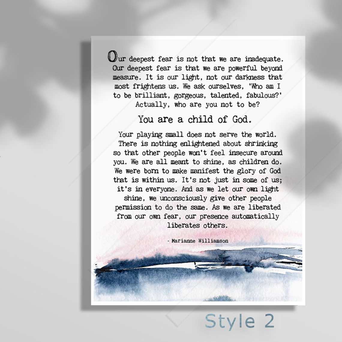 Marianne Williamson Inspirational Quote Art Print Our Deepest Fear Poster You Are A Child Of God Poster Motivational Quote Art - Image 3
