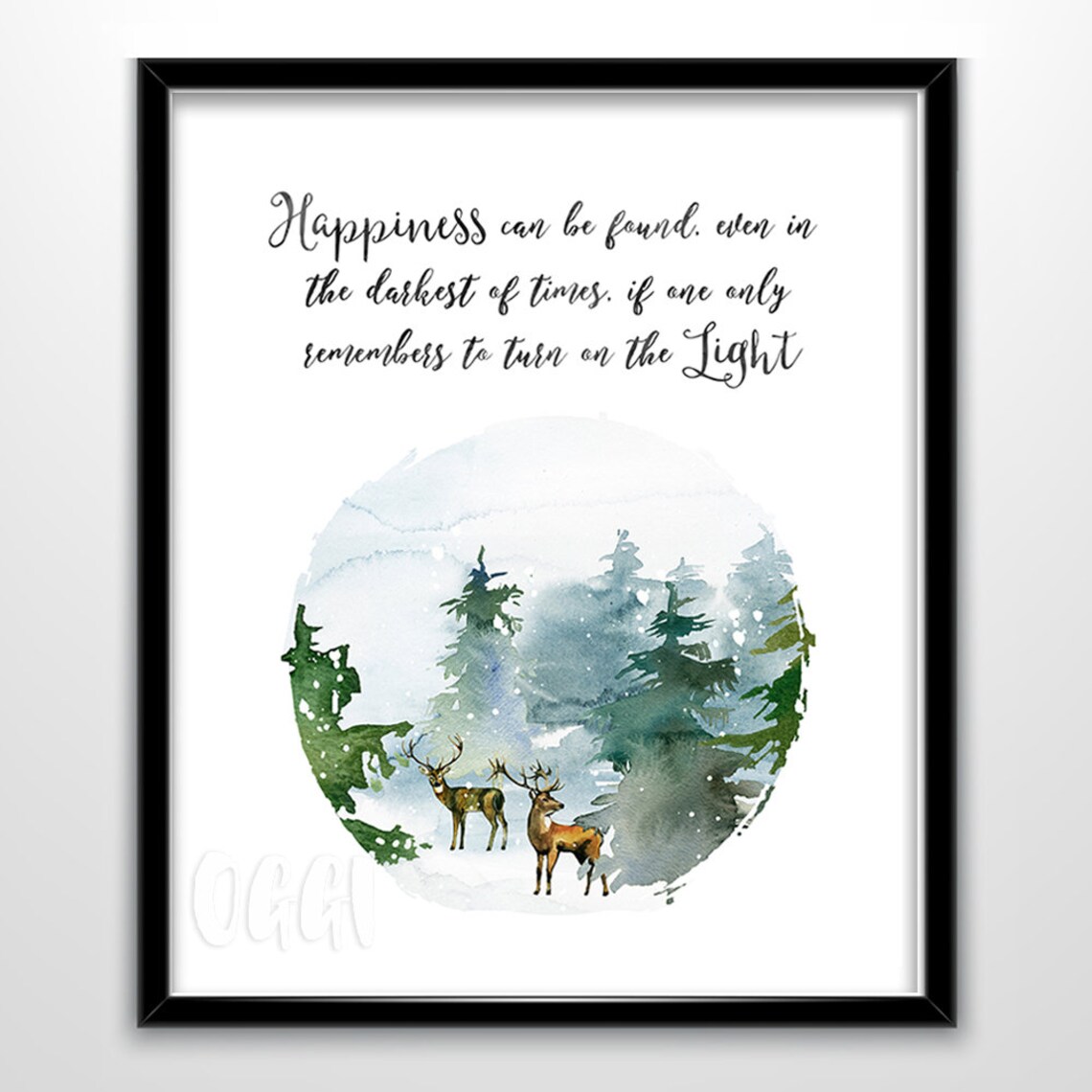 Happiness Darkest Times Turn On The Light Quote Print Winter Forest Deer Watercolor