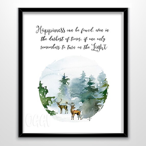 Happiness Darkest Times Turn On The Light Quote Print Winter Forest Deer Watercolor