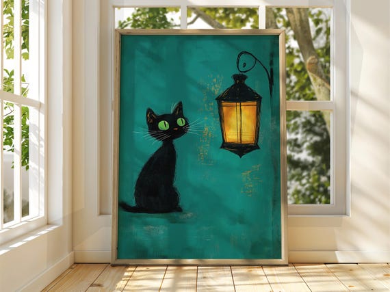 Cat With Lamp Poster Wall Art Illustration Fun Animal Feline Decor Kitten Black Pet Green