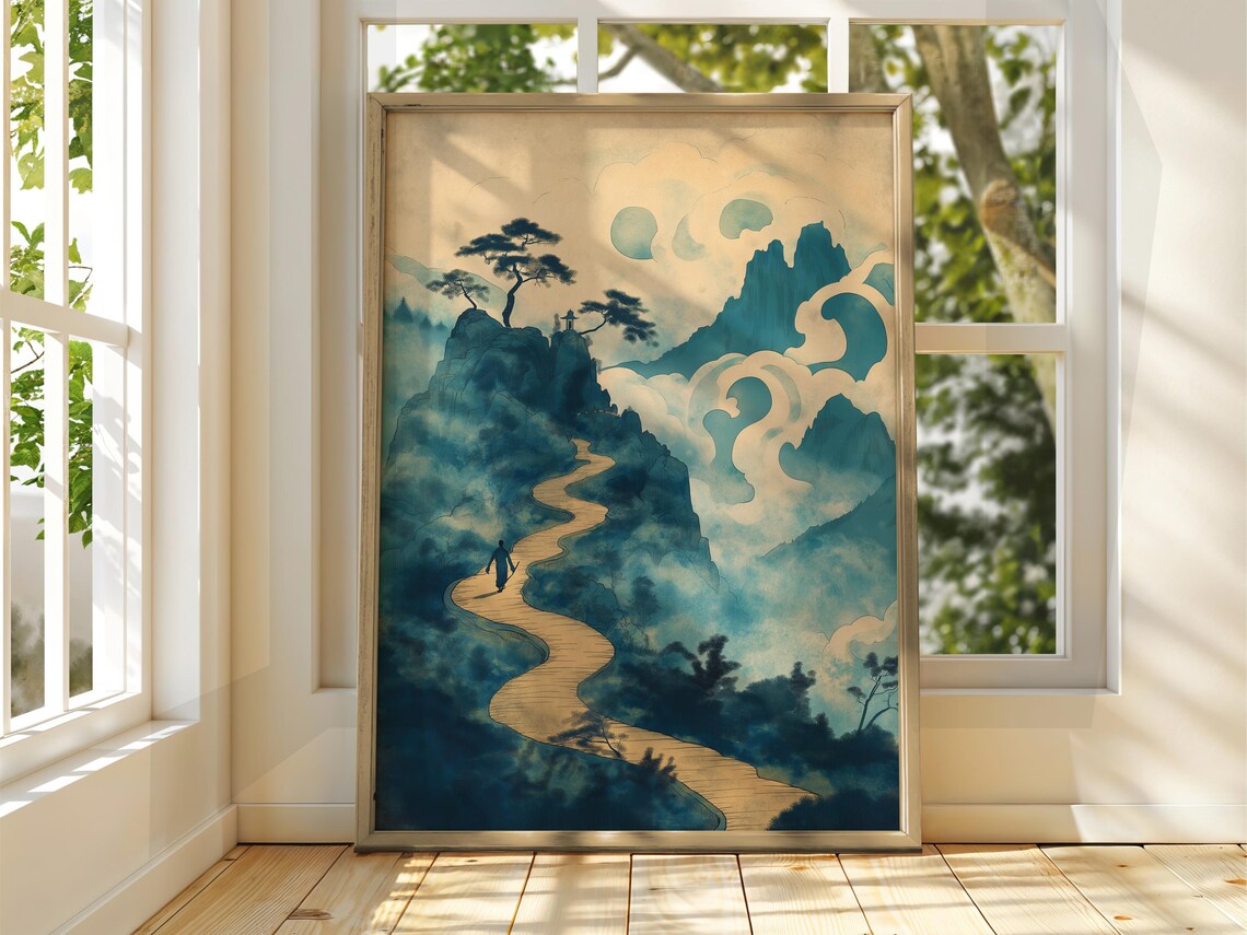 Japanese Mountain Path Traveler Poster in Ink Wash Landscape Art