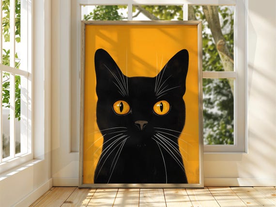 Shocked Yellow Cat Poster Wall Art Illustration Fun Animal Feline Decor Kitten Black Pet
