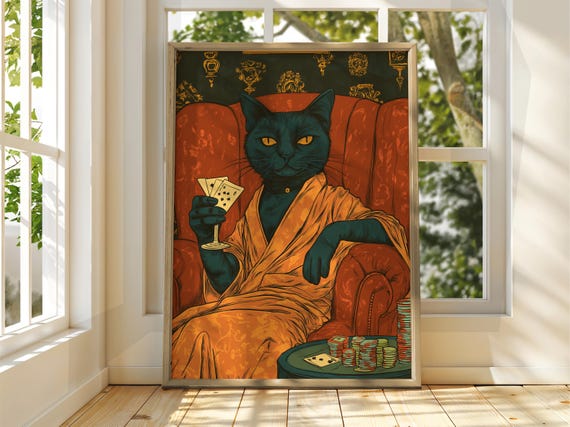 Gambling Cat Poster Wall Art Illustration Fun Animal Funny Feline Drinking Wine Prints Black