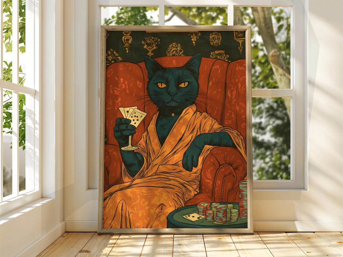 Black Cat Poker Player With Cards in Red Armchair Casino Style Poster