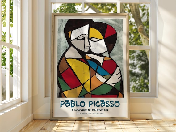 Pablo Picasso Inspired Cubist Embracing Couple Romantic Art Poster