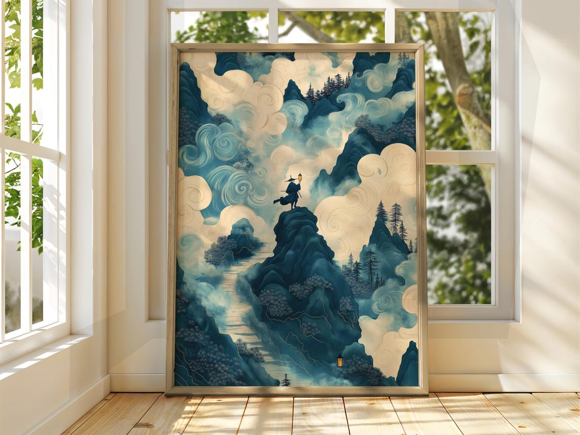Samurai On Mountain Peak Blue Cloud Waves Japanese Art Poster