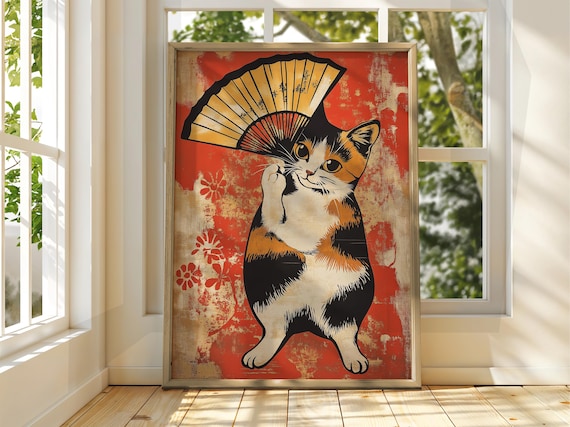 Calico Cat With Folding Fan Red Floral Vintage Japanese Print