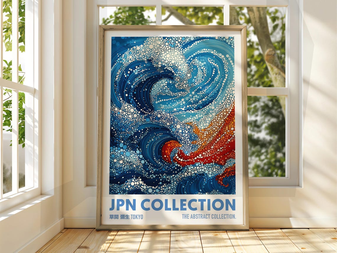 Japanese Wave Dot Painting Abstract Ocean Blue Exhibition Art Print