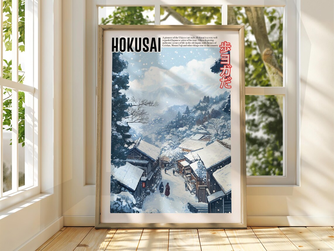 Hokusai Style Snowy Japanese Village Winter Ukiyoe Inspired Poster