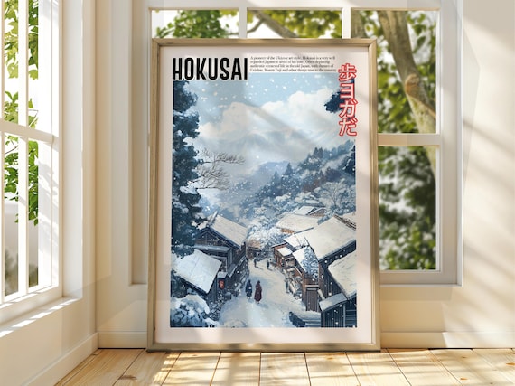 Hokusai Style Snowy Japanese Village Winter Ukiyoe Inspired Poster