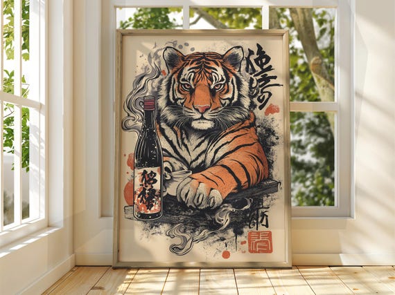 Tiger With Soju Art Vintage Japanese Wall Animal Poster Funny Print Sake Cat