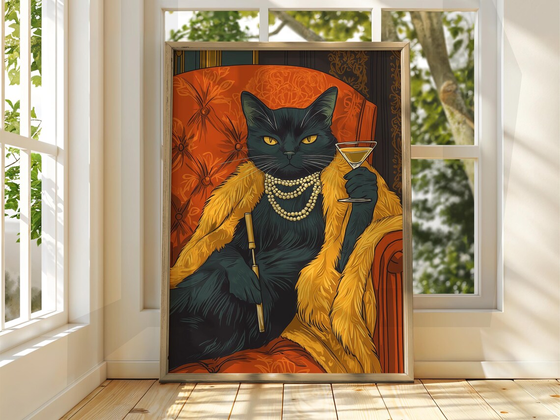 Sophisticated Black Cat Poster with Martini Glass and Fur Stole