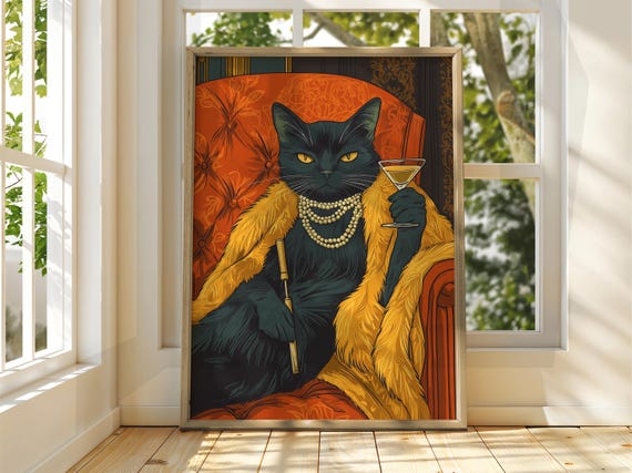 Cat With Wine Poster Wall Art Illustration Fun Animal Funny Drinking Prints Pop Bright