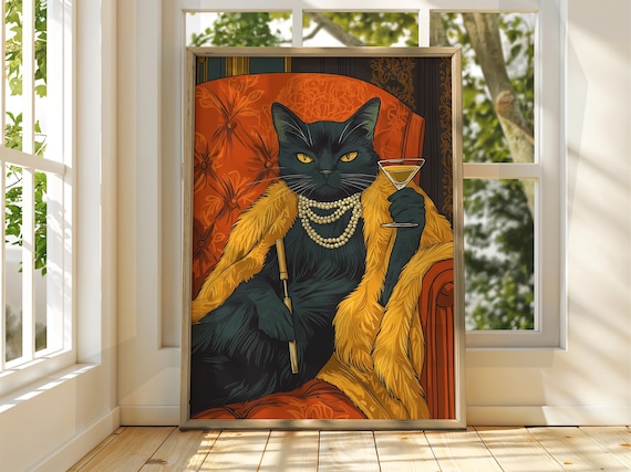 Sophisticated Black Cat Poster with Martini Glass and Fur Stole