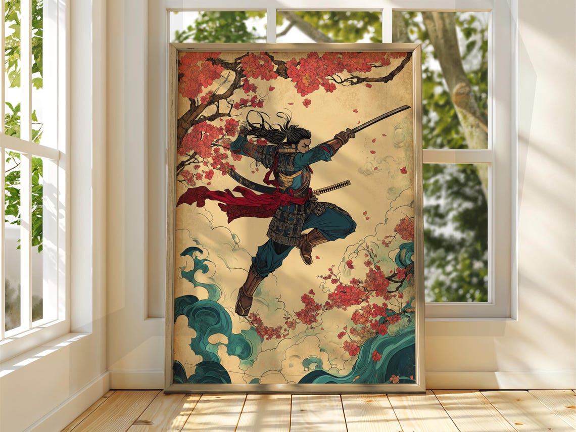 Leaping Samurai Ukiyo E Style Waves Blossoms Japanese Art Poster