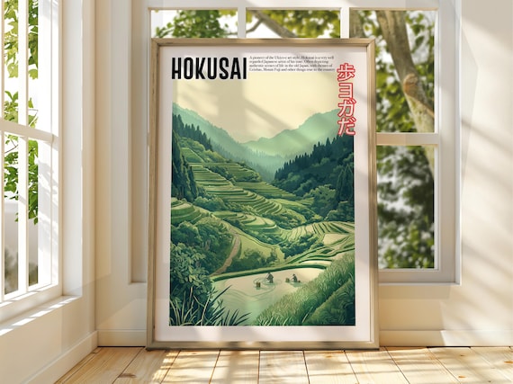 Hokusai Inspired Green Rice Terraces Valley Japanese Landscape Poster