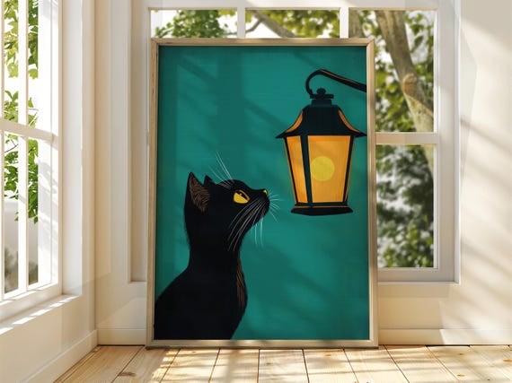 Cat With Lamp Poster Wall Art Illustration Fun Animal Feline Decor Kitten Black Pet Green