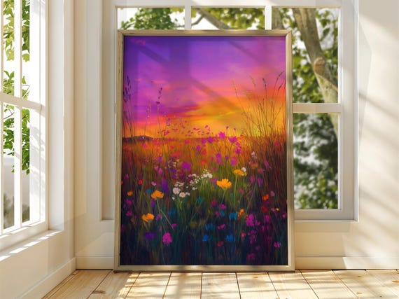 Colourful Sunset Over Valley Poster Oil Painting Art Print Dreamy Warm Summer Landscape Wall Nature Bright Home Decor