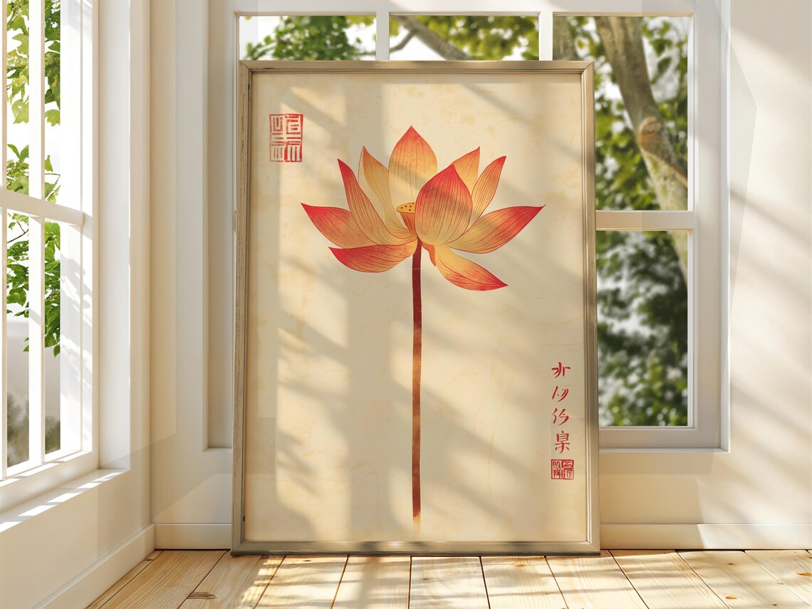Red Vintage Lotus Flower Japanese Botanical Floral Art Poster