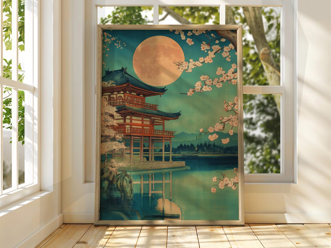 Full Moon Over Japanese Pagoda Temple Cherry Blossom Night Poster