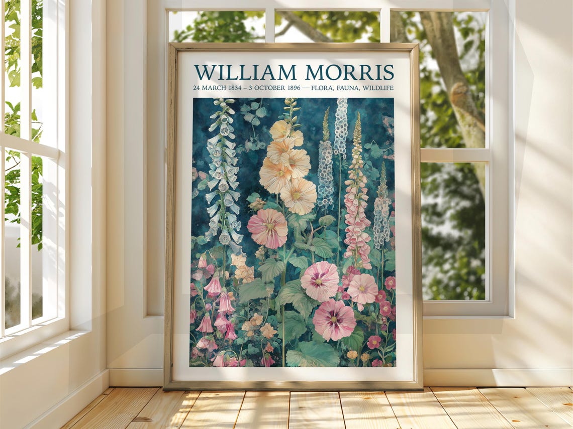William Morris Exhibition Hollyhocks Flower Garden Vintage Poster