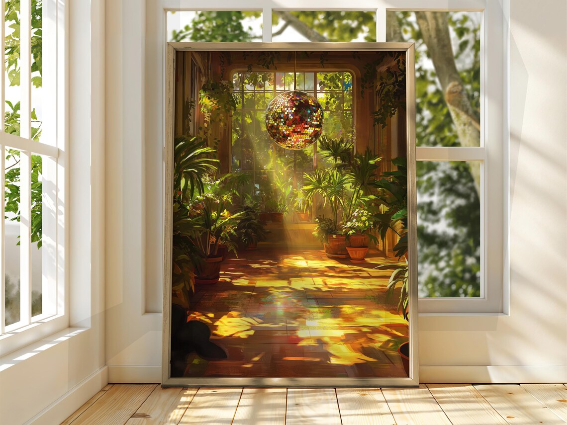 Disco Ball Greenhouse Sunlit Plants Boho Retro Photography Art Poster