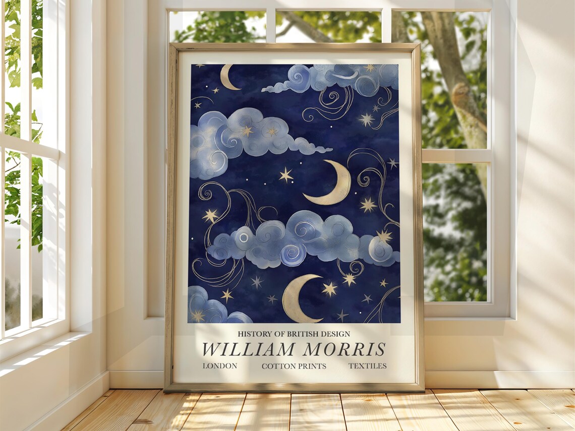 William Morris Style Night Sky Art Print, Moon Stars