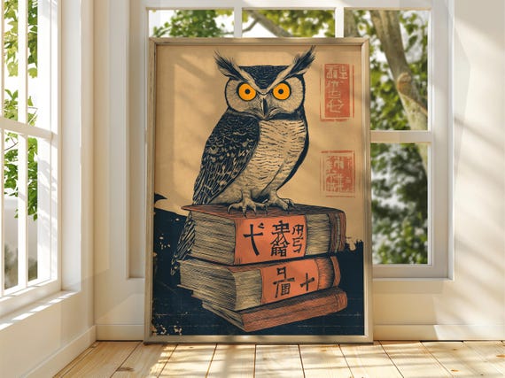 Owl On Books Art Vintage Japanese Wall Animal Poster Funny Print
