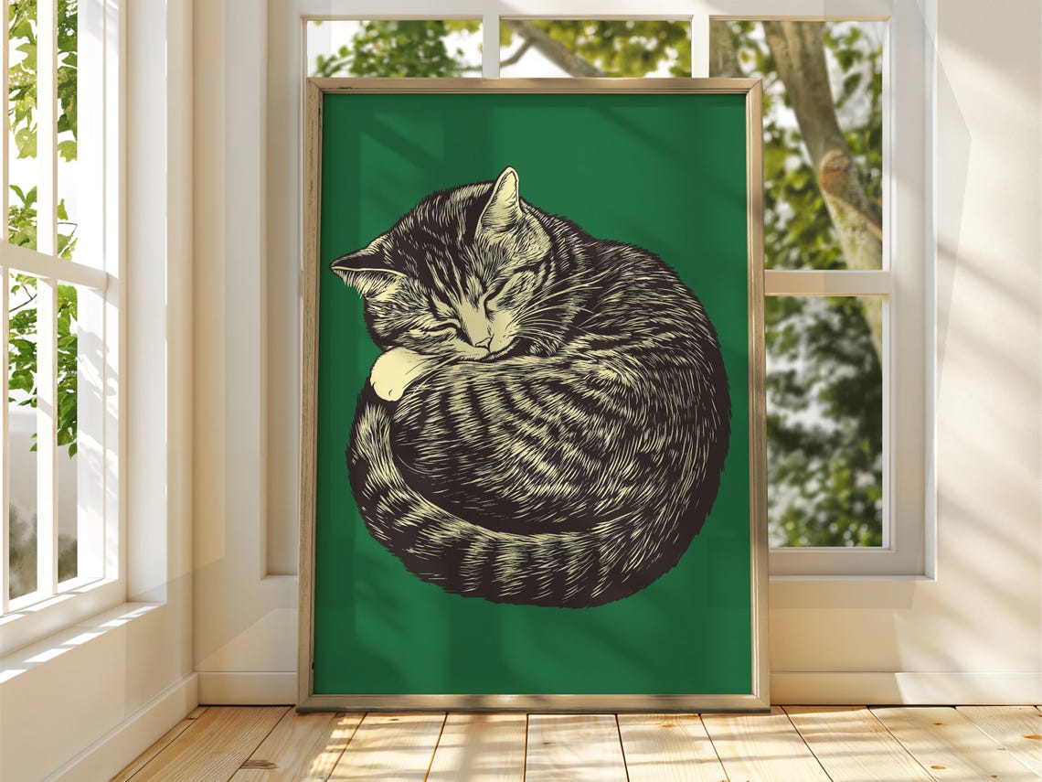 Sleeping Tabby Cat Curled Up Engraving Style Green Animal Poster