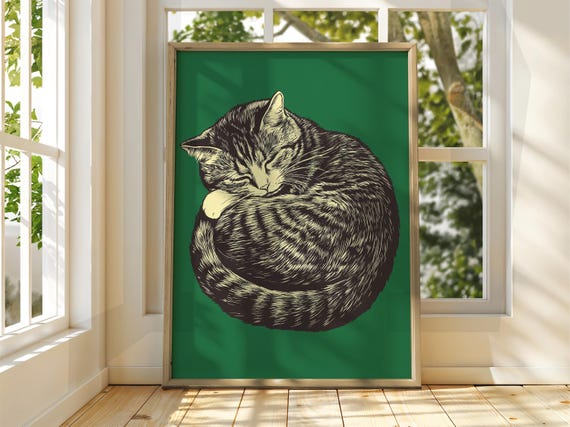 Curled Up Cat Poster Wall Art Illustration Fun Animal Feline Decor Kitten Grey Pet Sleeping