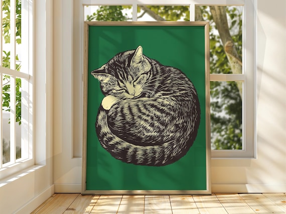 Sleeping Tabby Cat Curled Up Engraving Style Green Animal Poster