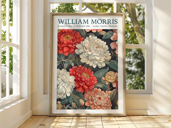 William Morris Style Dahlias Red White Dark Floral Art Poster