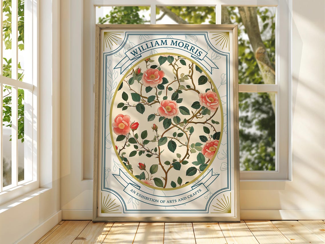 William Morris Arts And Crafts Pink Rose Vine Botanical Poster