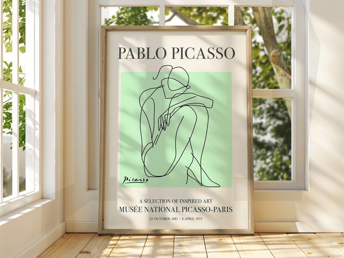Pablo Picasso Style Seated Figure Line Art Exhibition Poster Sage Green