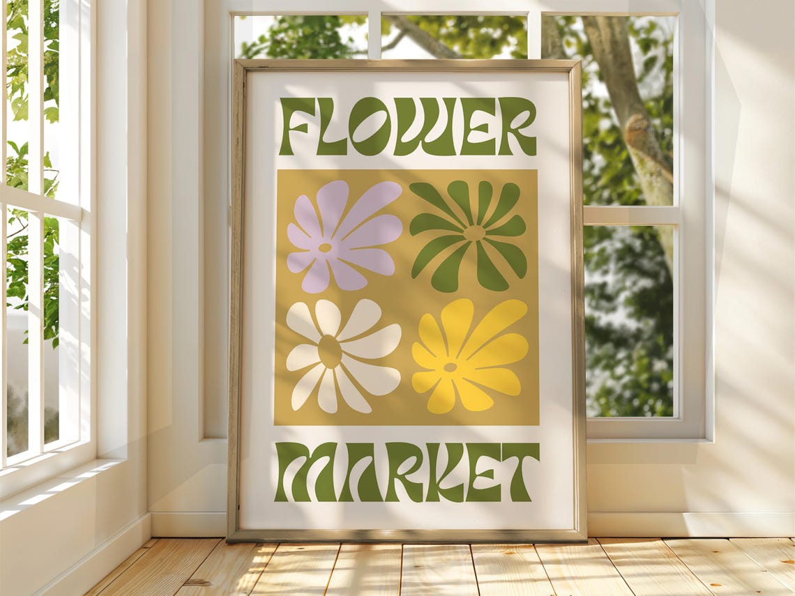 Flower Market Retro Groovy Floral 70s Style Green Typography Poster
