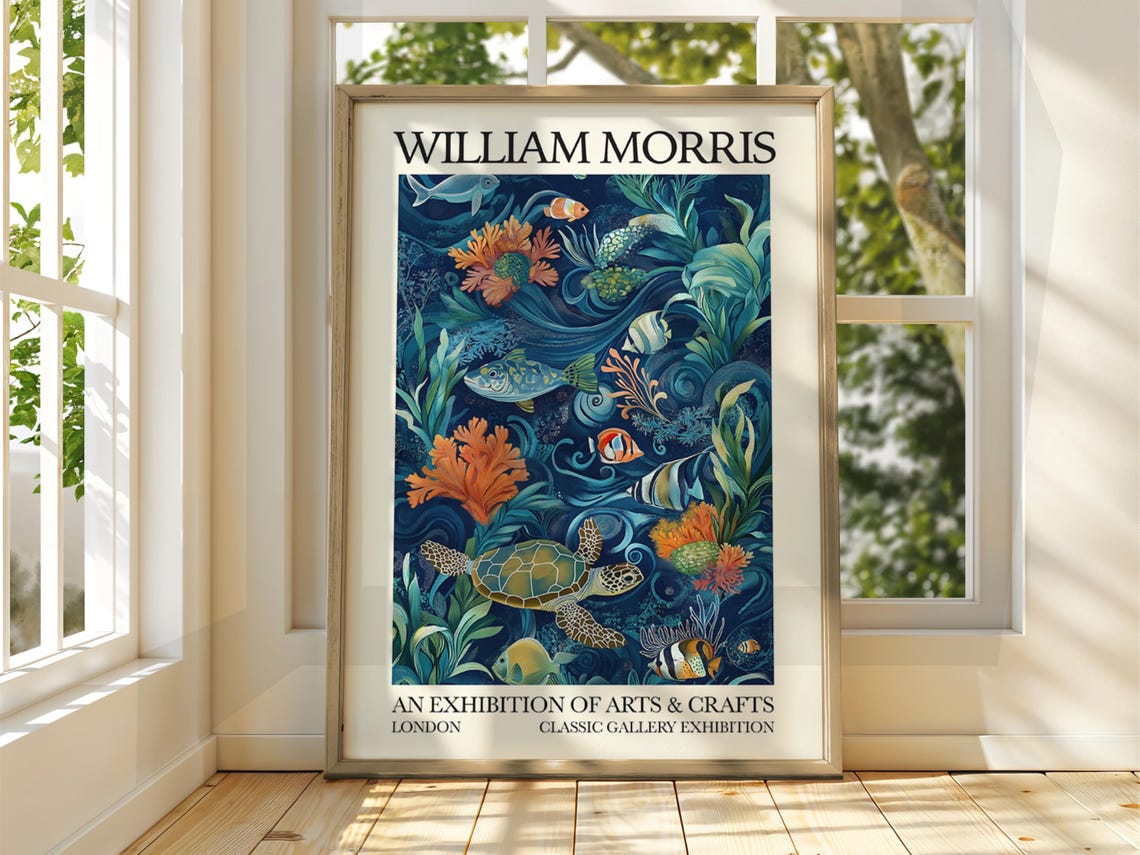 William Morris Style Underwater Sea Life Turtle Fish Art Poster