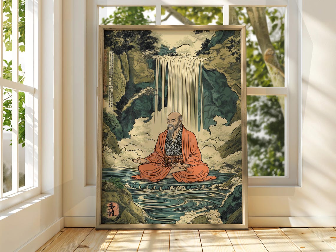 Meditating Monk Waterfall Red Robe Japanese Zen Ukiyo-E Art Poster