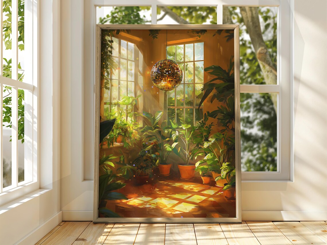 Golden Disco Ball in Sunlit Conservatory with Plants Botanical Poster