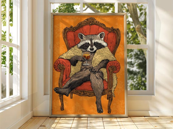 Fancy Racoon Poster Drinking Animal Art Illustration Funny Quirky Drinks Whiskey