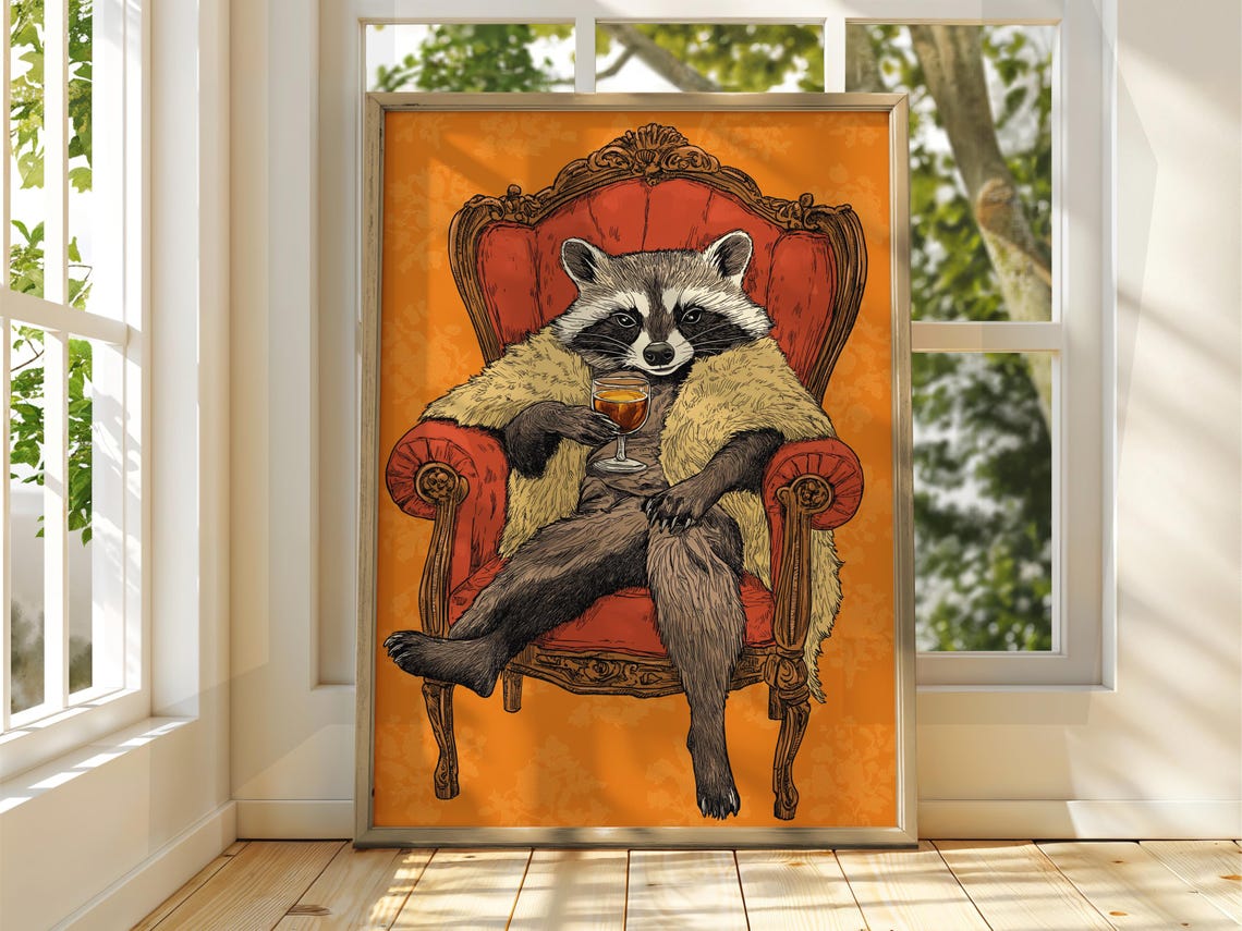 Fancy Racoon Poster Drinking Animal Art Illustration Funny Quirky Drinks Whiskey