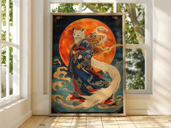 Nine Tailed White Fox Woman Full Moon Japanese Ukiyo-E Art Poster