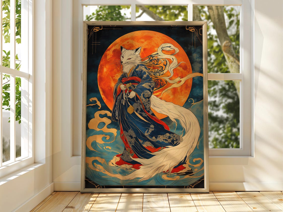 Nine Tailed White Fox Woman Full Moon Japanese Ukiyo-E Art Poster
