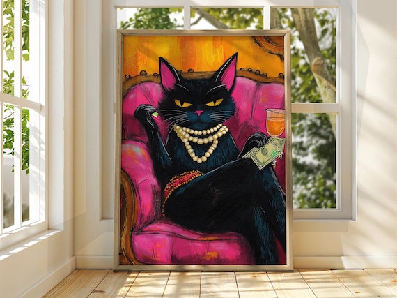 Black Cat With Pearls Wine and Cash Rich Kitty Pop Art Poster