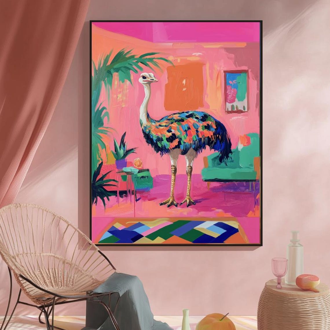 Ostrich in Pink Retro Room Maximalist Bird Portrait Wall Art