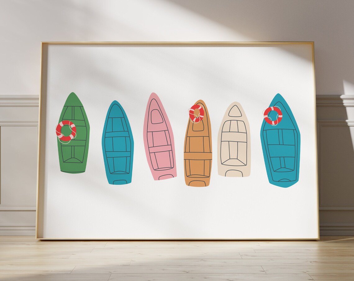 Six Colorful Rowboats Aerial Coastal Nautical Summer Beach Wall Art